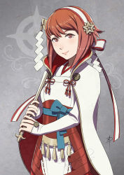 Rule 34 | 1girl, artist name, capelet, fire emblem, fire emblem fates, grey background, hairband, headdress, japanese clothes, looking at viewer, nintendo, pink eyes, pink hair, polarityplus, red hair, sakura (fire emblem), smile, solo, staff, upper body