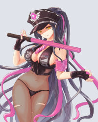 Rule 34 | 1girl, armband, baton, bigeyes925, black gloves, black hair, black hat, bodysuit, breasts, brown eyes, cleavage, covered navel, fate/grand order, fate (series), fingerless gloves, gloves, hat, highres, holding, large breasts, multicolored hair, ok sign, pink hair, police hat, sessyoin kiara, sessyoin kiara (swimsuit mooncancer), sessyoin kiara (swimsuit mooncancer) (second ascension), shaded face, solo, streaked hair, swimsuit, torn bodysuit, torn clothes