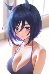 Rule 34 | 1girl, absurdres, animal ears, arms at sides, bare shoulders, black eyes, black hair, blush, breasts, camisole, cherrypunchs, cleavage, closed mouth, collarbone, eishin flash (umamusume), hair between eyes, halterneck, highres, horse ears, indoors, looking at viewer, photo-referenced, short hair, smile, solo, umamusume, upper body
