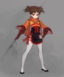 Rule 34 | 1girl, brown hair, fkey, original, pantyhose, red eyes, scarf, short hair, short twintails, solo, twintails, weapon