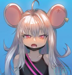 Rule 34 | 1girl, ahoge, animal ears, artist name, blue archive, crop top, dot nose, fang, hidanvt, highres, long hair, looking at viewer, mouse ears, mouse girl, open mouth, red eyes, saya (blue archive), saya (casual) (blue archive), solo, upper body, very long hair