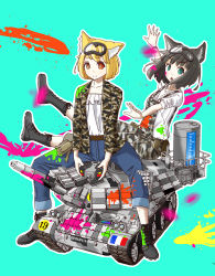 Rule 34 | 2girls, absurdres, amx 30, amx 30b, amx 30b2 brenus, animal ears, bad id, bad pixiv id, breasts, camouflage, camouflage jacket, cat ears, caterpillar tracks, commentary request, controller, fox ears, france, french flag, green background, green eyes, gun, highres, huge filesize, izushi (keeki), jacket, machine gun, military, military vehicle, motor vehicle, multiple girls, open mouth, original, overalls, paint, pants, remote control, short hair, small breasts, smile, tank, weapon