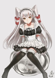 Rule 34 | 10s, 1girl, alternate costume, amatsukaze (kancolle), brown eyes, elbow gloves, enmaided, frilled thighhighs, frills, gloves, kantai collection, kirigaku luo, long hair, looking at viewer, maid, maid headdress, open mouth, rensouhou-kun, silver hair, sitting, solo, thighhighs, two side up, zettai ryouiki