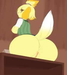 Rule 34 | 1girl, animal crossing, anus, anus peek, ass, bottomless, breasts, female focus, furry, furry female, huge ass, isabelle (animal crossing), kanel, large breasts, nintendo, no humans, pussy, simple background, solo, tagme, uncensored
