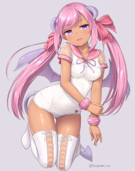Rule 34 | 1girl, blush, bow, bracelet, breasts, covered navel, dark-skinned female, dark skin, demon girl, demon horns, demon tail, demon wings, full body, grey background, hair bow, head tilt, horns, jewelry, long hair, looking at viewer, medium breasts, one-piece swimsuit, original, pink bow, pink sailor collar, purple eyes, sailor collar, sasaame, simple background, smile, solo, swimsuit, symbol-only commentary, tail, thighhighs, twintails, twitter username, white one-piece swimsuit, white thighhighs, wings