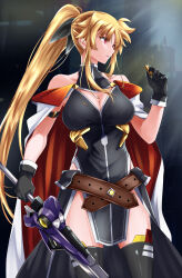 bare_shoulders belt black_gloves blonde_hair breasts cleavage cleavage_cutout clothing_cutout fate_testarossa gloves highres holding holding_sword holding_weapon large_breasts long_sidelocks lyrical_nanoha mahou_shoujo_lyrical_nanoha pelvic_curtain ponytail red_eyes sidelocks sougetsu_izuki sword thighhighs weapon