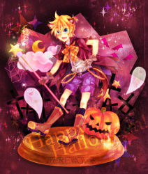Rule 34 | 1boy, :d, animal ears, artist request, blonde hair, blue eyes, boots, bug, buttons, cape, fangs, full body, ghost, glowing, halloween, jack-o&#039;-lantern, kagamine len, male focus, moon, open mouth, ponytail, pumpkin, shorts, silk, smile, solo, spider, spider web, staff, star (symbol), tail, vocaloid, wand, werewolf, wolf ears, wolf tail