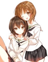 Rule 34 | 10s, 2girls, ;d, alternate costume, bad id, bad pixiv id, black hair, blush, brown eyes, brown hair, commentary request, girls und panzer, holding hands, hand on another&#039;s shoulder, looking at viewer, multiple girls, neckerchief, nishizumi maho, nishizumi miho, one eye closed, ooarai school uniform, open mouth, pleated skirt, school uniform, serafuku, short hair, siblings, sisters, skirt, smile, tsukigami runa
