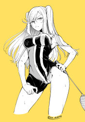 Rule 34 | 10s, 1girl, badminton racket, blush, coin44, connie christensen, cowboy shot, dated, hair between eyes, hand on own hip, hand on own thigh, hanebado!, highres, limited palette, long hair, looking at viewer, monochrome, racket, simple background, solo, sportswear, standing, sweat, swept bangs, two side up, v-shaped eyebrows, yellow background
