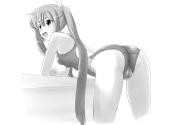 Rule 34 | 1girl, :d, arm support, ass, bent over, competition swimsuit, greyscale, hatsune miku, long hair, monochrome, one-piece swimsuit, open mouth, smile, solo, swimsuit, tk4, twintails, very long hair, vocaloid