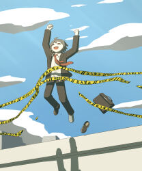 Rule 34 | 1boy, absurdres, arms up, avogado6, black suit, blue sky, briefcase, brown footwear, brown hair, building, caution tape, closed eyes, cloud, commentary, formal, happy, highres, jumping, loafers, long sleeves, looking up, male focus, necktie, no shoes, open mouth, original, red necktie, rooftop, shadow, shirt, shoes, short hair, sky, smile, socks, solo, suicide, suit, white shirt, white socks