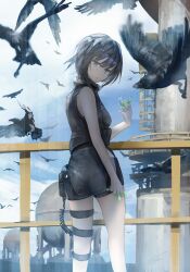 Rule 34 | 1girl, absurdres, arknights, bird, black hair, black shirt, black shorts, blue sky, cloud, commentary, crow, feet out of frame, from behind, grey eyes, highres, holding vial, la pluma (arknights), looking at viewer, no jacket, outdoors, shirt, short hair, shorts, sky, sleeveless, sleeveless shirt, solo, vial, walkie-talkie, yufoo (aqnzjl)