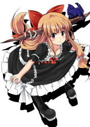 Rule 34 | 1girl, alternate costume, bent over, blonde hair, boots, bow, collarbone, cross-laced footwear, curtsey, full body, gothic lolita, hair bow, highres, horn ornament, horn ribbon, horns, ibuki suika, lolita fashion, looking at viewer, noa (nagareboshi), puffy sleeves, red eyes, ribbon, short sleeves, simple background, solo, touhou, white background
