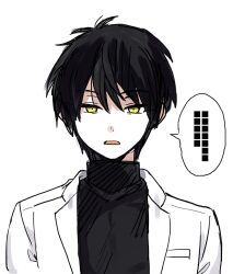 Rule 34 | 1boy, ayin (project moon), black hair, black sweater, censored, censored text, commentary request, lab coat, lobotomy corporation, looking at viewer, male focus, medu (rubish), open mouth, portrait, project moon, short hair, simple background, sketch, solo, speech bubble, sweater, turtleneck, turtleneck sweater, white background, yellow background