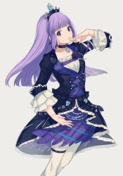 Rule 34 | 1girl, aikatsu! (series), asuda, black choker, black dress, blunt bangs, breasts, choker, commentary request, dress, earrings, frilled dress, frilled sleeves, frills, grey background, hand to own mouth, hand up, hikami sumire, jewelry, long hair, long sleeves, looking at viewer, medium breasts, open mouth, purple eyes, purple hair, simple background, smile, solo, standing, tiara