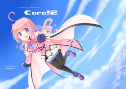 Rule 34 | ahoge, blush, bow, breasts, cape, caro ru lushe, cloud, cosplay, cover, cover page, day, fate testarossa, fate testarossa (cosplay), fingerless gloves, gloves, hair ribbon, large breasts, long hair, long sleeves, lyrical nanoha, mahou senki lyrical nanoha force, miniskirt, open mouth, outstretched hand, pink hair, pucho, purple eyes, ribbon, skirt, sky, solo, thighhighs