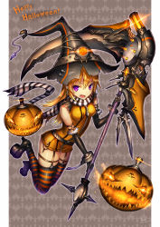Rule 34 | 1girl, black thighhighs, blonde hair, elbow gloves, fang, garter straps, gia, gloves, halloween, happy halloween, hat, highres, long hair, looking at viewer, mary janes, open mouth, original, purple eyes, scarf, scythe, shoes, solo, striped clothes, striped thighhighs, thigh strap, thighhighs, weapon, witch hat, zettai ryouiki