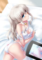 Rule 34 | 10s, 1girl, ass, bare shoulders, bed, bell, blue eyes, blush, bra, breasts, camcorder, cat cutout, cat ear panties, cat lingerie, charlotte (anime), choker, cleavage, cleavage cutout, clothing cutout, half updo, jingle bell, long hair, lying, medium breasts, meme attire, neck bell, on side, panties, parted lips, pillow, recording, side-tie panties, silver hair, solo, strap slip, thighhighs, tomori nao, twintails, two side up, underwear, video camera, zen