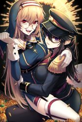 Rule 34 | 2girls, absurdres, black hair, blonde hair, breasts, commentary request, cross, cross necklace, fangs, flower, glasses, gloves, habit, hair between eyes, hat, highres, jewelry, large breasts, long hair, long sleeves, looking at viewer, military, military hat, military uniform, mole, mole under eye, mole under mouth, multiple girls, necklace, nun, open mouth, original, pantyhose, parted lips, purple eyes, red eyes, sitting, sitting on lap, sitting on person, tatsuma daisuke, teeth, thighhighs, tongue, uniform, yuri