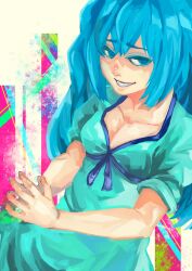 Rule 34 | 1girl, absurdres, blue eyes, blue hair, breasts, cleavage, collarbone, dress, green dress, grin, highres, kyuuba melo, long hair, medium breasts, multicolored background, own hands together, short sleeves, smile, solo, teeth, tokyo ghoul, tokyo ghoul:re, twintails, yonebayashi saiko