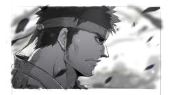 Rule 34 | 1boy, black hair, close-up, facial hair, greyscale, headband, male focus, monochrome, muscular, nikism, ryu (street fighter), solo, street fighter, street fighter ii (series), stubble