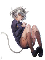 Rule 34 | 1girl, animal ears, bryanth, cat ears, cat tail, doll joints, full body, grey hair, highres, hunter x hunter, joints, neferpitou, other focus, short hair, simple background, sitting, solo, tail, white hair