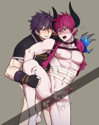 2boys anal ass_juice bandages barefoot blush bottomless cum cumdrip demon erection feet grandchase highres horns leg_lift male_penetrated multiple_boys nipples open_mouth pectorals penis pink_hair saliva sex smile steam sweat testicles toes yaoi