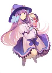 Rule 34 | 1girl, bad id, bad pixiv id, blunt bangs, cup, dress, dumpty alma, eating, emil chronicle online, food, fruit, hair ribbon, hat, kitada mo, long hair, looking at viewer, parfait, purple eyes, purple hair, puzzle &amp; dragons, ribbon, simple background, solo, spoon, strawberry, striped clothes, striped thighhighs, thighhighs, very long hair, white background, witch hat