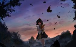 Rule 34 | 1girl, autumn leaves, black hair, black ribbon, black skirt, dress, dusk, falling leaves, fog, frilled dress, frills, hair ornament, hat, highres, holding, holding leaf, leaf, looking at viewer, mountainous horizon, multicolored sky, open mouth, pom pom (clothes), red eyes, red hat, ribbon, scenery, shameimaru aya, short hair, skirt, sky, solo, star (sky), touhou, tree, ushitsuchi, white dress
