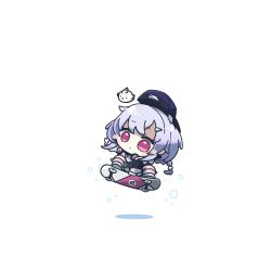 1girl arikuigames1105 bird blush braid chibi chibi_only closed_mouth commentary full_body genshin_impact hair_ornament hairclip hat highres kneehighs long_sleeves outstretched_arm pink_eyes purple_hair purple_hat qiqi_(genshin_impact) short_hair simple_background skateboard skateboarding socks solo white_background white_footwear white_socks