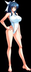 Rule 34 | 1girl, bare shoulders, blue hair, breasts, full body, game cg, hagiura yuuna, hand on own hip, highleg, highleg swimsuit, highres, kagami hirotaka, large breasts, long hair, long legs, looking at viewer, one-piece swimsuit, sansha mendan, simple background, solo, standing, swimsuit, transparent background, yellow eyes