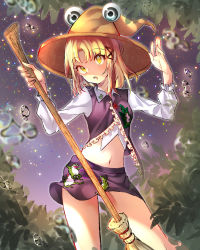 Rule 34 | 1girl, adapted costume, animal print, arms up, bad id, bad pixiv id, blonde hair, broom, brown hat, bubble, collared shirt, commentary request, contrapposto, cowboy shot, frog print, hair ribbon, hat, highres, holding, holding broom, long hair, long sleeves, midriff, miniskirt, moriya suwako, navel, onikutonasu, outdoors, parted bangs, purple skirt, purple sky, purple vest, red ribbon, ribbon, shirt, skirt, sky, solo, touhou, vest, white shirt, wing collar, yellow eyes