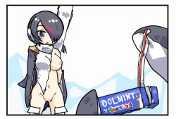 Rule 34 | 10s, chewing gum, commentary, drawstring, emperor penguin (kemono friends), hair over one eye, headphones, highleg, highleg leotard, kemono friends, leotard, multicolored hair, seki (red shine), streaked hair, torn clothes, translation request, white leotard