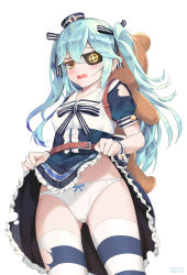 Rule 34 | 1girl, absurdres, artist name, blue hair, blush, bow, bow panties, breasts, clothes lift, dress, dress lift, eh-526, embarrassed, eyepatch, from below, hair between eyes, hair ribbon, highres, korean commentary, last origin, light blue hair, looking at viewer, lrl (last origin), open mouth, panties, ribbon, self exposure, simple background, small breasts, solo, stuffed animal, stuffed toy, teddy bear, torn clothes, torn legwear, twintails, two side up, underwear, upskirt, white background, white panties, yellow eyes