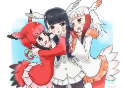 Rule 34 | 10s, 3girls, bird tail, bird wings, black-headed ibis (kemono friends), black eyes, black hair, braid, elbow gloves, fur collar, girl sandwich, gloves, gradient hair, hair ornament, hand on another&#039;s face, head wings, japanese crested ibis (kemono friends), kemono friends, long sleeves, multicolored hair, multiple girls, nakashi masakumi, neck ribbon, open mouth, pantyhose, pleated skirt, red eyes, red hair, ribbon, sandwiched, scarlet ibis (kemono friends), short hair with long locks, skirt, tail, twintails, white hair, wings, yellow eyes