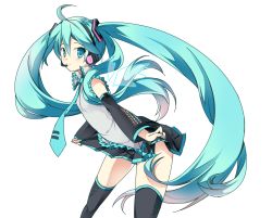 Rule 34 | 1girl, ahoge, aqua eyes, aqua hair, detached sleeves, hatsune miku, headset, long hair, looking at viewer, necktie, ringo sui, skirt, skirt hold, smile, solo, thighhighs, twintails, very long hair, vocaloid, white background, wings