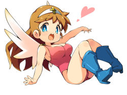 Rule 34 | 1girl, :d, bare arms, bare shoulders, bikkuriman, blue eyes, blue footwear, boots, breasts, bright pupils, brown hair, cleavage, cross, full body, hairband, heart, high heel boots, high heels, juujika tenshi, knees together feet apart, large breasts, leotard, long hair, open mouth, pigeon-toed, pink leotard, simple background, smile, solo, tareme, white background, white hairband, white pupils, white wings, wings, youhei 64d
