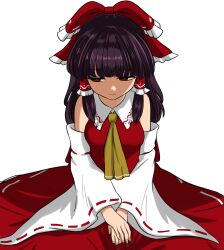 Rule 34 | 1girl, absurdres, ascot, bare shoulders, black hair, blunt bangs, bow, breasts, closed mouth, commentary request, detached sleeves, embarrassed, frilled bow, frilled hair tubes, frills, furrowed brow, hair bow, hair tubes, hakurei reimu, half-closed eyes, hands on lap, highres, long hair, long sleeves, looking to the side, medium breasts, monadmandara, red bow, red eyes, red skirt, red vest, sidelocks, simple background, skirt, skirt set, solo, touhou, v arms, vest, white background, wide sleeves, yellow ascot