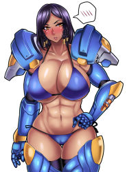 Rule 34 | 1girl, abs, armor, bikini, black hair, black thighhighs, blue bikini, blush, braid, breasts, brown eyes, cleavage, collarbone, cowboy shot, curvy, dark-skinned female, dark skin, facial tattoo, gauntlets, greaves, groin, hair tubes, hand on own hip, huge breasts, long hair, looking at viewer, muscular, muscular female, navel, nishida megane, nose blush, overwatch, overwatch 1, parted lips, pauldrons, pharah (overwatch), shoulder armor, side-tie bikini bottom, solo, stomach, sweat, swimsuit, tattoo, thick thighs, thigh gap, thighhighs, thighs, white background, wide hips