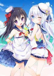 Rule 34 | 2girls, bangle, bare back, beach, black hair, blue eyes, bow, bracelet, collarbone, day, dress, eyebrows, hair bow, hat, highres, jewelry, jpeg artifacts, long hair, looking at viewer, multiple girls, ocean, one eye closed, original, outdoors, purple eyes, red bow, sailor dress, silver hair, skirt hold, toma tokage, white hat