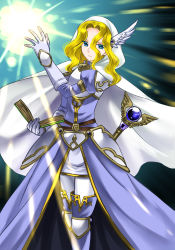 Rule 34 | 1girl, 74, alternate costume, armor, blonde hair, blue eyes, book, boots, breastplate, cape, dress, feet out of frame, fire emblem, fire emblem: the sacred stones, gloves, highres, holding, holding book, hood, hooded cape, juliet sleeves, knee pads, long sleeves, looking at viewer, magic, medium hair, natasha (fire emblem), nintendo, pauldrons, puffy sleeves, purple dress, purple footwear, shoulder armor, solo, staff, standing, thigh boots, white cape, white gloves, wing hair ornament