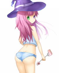 Rule 34 | 1girl, ass, blue panties, butt crack, cake, camisole, duel monster, food, fork, from behind, hat, heterochromia, long hair, looking back, madolche magileine, panties, pink hair, pout, simple background, solo, striped clothes, striped panties, underwear, white background, witch hat, yu-gi-oh!
