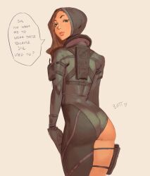Rule 34 | 1girl, absurdres, artist request, ass, ass cutout, asymmetrical ass, asymmetrical ass cutout, asymmetrical clothes, bodysuit, clothing cutout, diving suit, english text, from behind, from below, half ass, heart, highres, huge ass, jessica sherawat, leotard, lips, looking at viewer, looking back, resident evil, resident evil: revelations, single pantsleg, sketch, skindentation, standing, wetsuit, wide hips