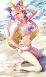 Rule 34 | 10s, 1girl, animal ears, beach, bikini, fate/extra, fate/extra ccc, fate (series), fox ears, fox tail, full body, highres, long hair, ocean, official alternate costume, open mouth, pink hair, solo, swimsuit, tail, tamamo no mae (fate/extra), tamamo no mae (sexy bikini) (fate), yinzhang