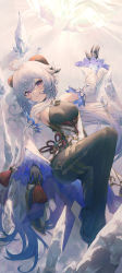 Rule 34 | 1girl, ahoge, bare shoulders, bell, black legwear, blue hair, bodysuit, breasts, chinese knot, detached sleeves, feet, flower knot, ganyu (genshin impact), genshin impact, gold trim, highres, long hair, looking at viewer, lying, medium breasts, neck bell, no shoes, on back, orb, purple eyes, qilin (mythology), sidelocks, smile, solo, thighlet, thighs, toes, ttutto, vision (genshin impact), white sleeves