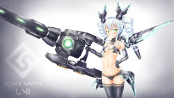 Rule 34 | 1girl, black sister, blush, character name, drill hair, female focus, flat chest, green eyes, grey hair, gun, highres, looking at viewer, neptune (series), solo, twin drills, uni (neptunia), weapon, white hair