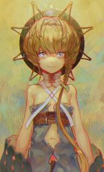 Rule 34 | 1girl, armpit crease, bare shoulders, belt, blue background, blue eyes, blue overalls, braid, breasts, brown background, brown belt, brush stroke, closed mouth, collar, crown braid, detached collar, detached sleeves, fate/grand order, fate (series), faux traditional media, hair ornament, hat, highres, leaf hair ornament, light brown hair, light smile, looking at viewer, multicolored background, multiple belts, navel, open clothes, overalls, painting (medium), red pupils, short hair with long locks, side braid, signature, small breasts, solo, staring, straw hat, sun, traditional media, upper body, van gogh (fate), waterstaring, white collar, yellow background, yellow hat, zipper, zipper pull tab