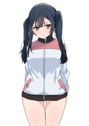 Rule 34 | 1girl, absurdres, alternate hairstyle, black hair, blush, breasts, closed mouth, commentary request, grey eyes, hair between eyes, highres, jacket, long hair, long sleeves, looking at viewer, love live!, love live! nijigasaki high school idol club, medium breasts, poizun (user wmgk4287), sidelocks, solo, standing, twintails, upper body, white background, white jacket, yuki setsuna (love live!)