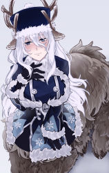 Rule 34 | 1girl, animal ears, antlers, bell, blue eyes, blush, breasts, buttons, centauroid, closed mouth, coat, commentary, double-breasted, english commentary, fur, fur trim, gloves, hair between eyes, half-closed eyes, hand on own chest, hat, highres, horns, large breasts, long hair, long sleeves, looking at viewer, monster girl, monster girl encyclopedia, reindeer, simple background, smile, snowflake print, solo, tail, taur, white hair, white horn (monster girl encyclopedia), winter clothes, winter coat, zakirsiz