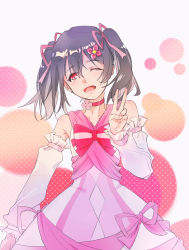 Rule 34 | 1girl, artist name, artist request, bare legs, black hair, blush, bokutachi wa hitotsu no hikari, bow, choker, detached sleeves, dress, earrings, female focus, flower, frilled sleeves, frills, hair flower, hair ornament, hair ribbon, highres, jewelry, looking at viewer, love live!, love live! school idol festival, love live! school idol project, one eye closed, piiie, pink dress, red bow, red choker, red eyes, ribbon, sash, smile, solo, sparkle, striped neckwear, twintails, yazawa nico